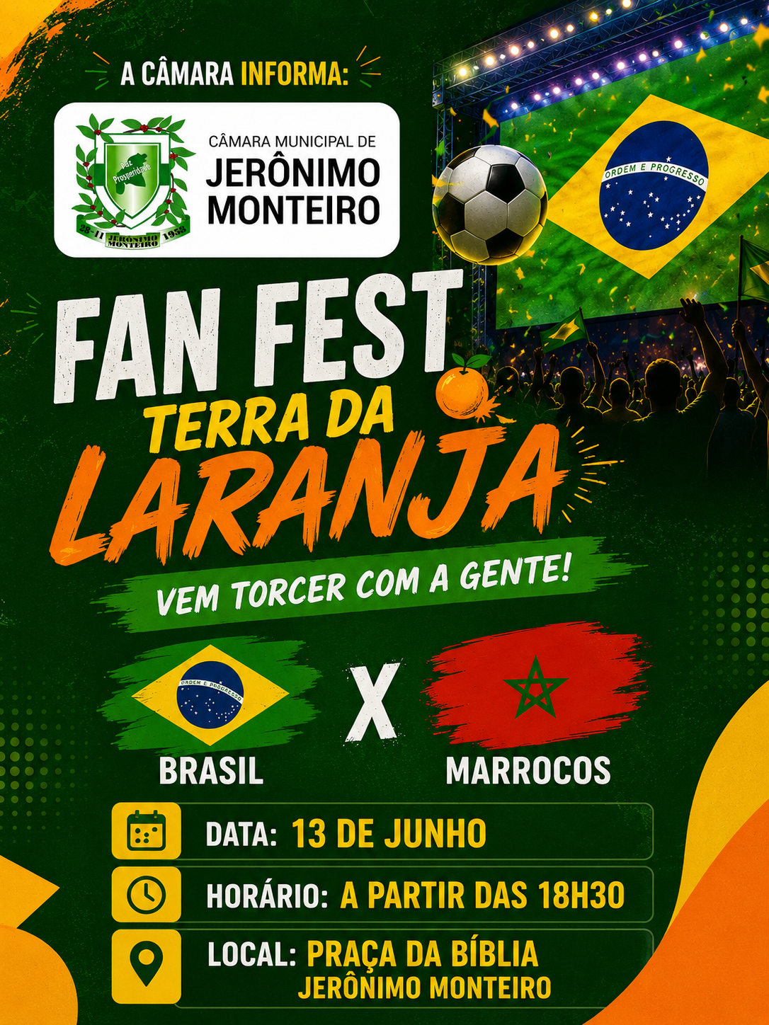 Brasil x Marrocos abre programação da Fan Fest Terra da Laranja