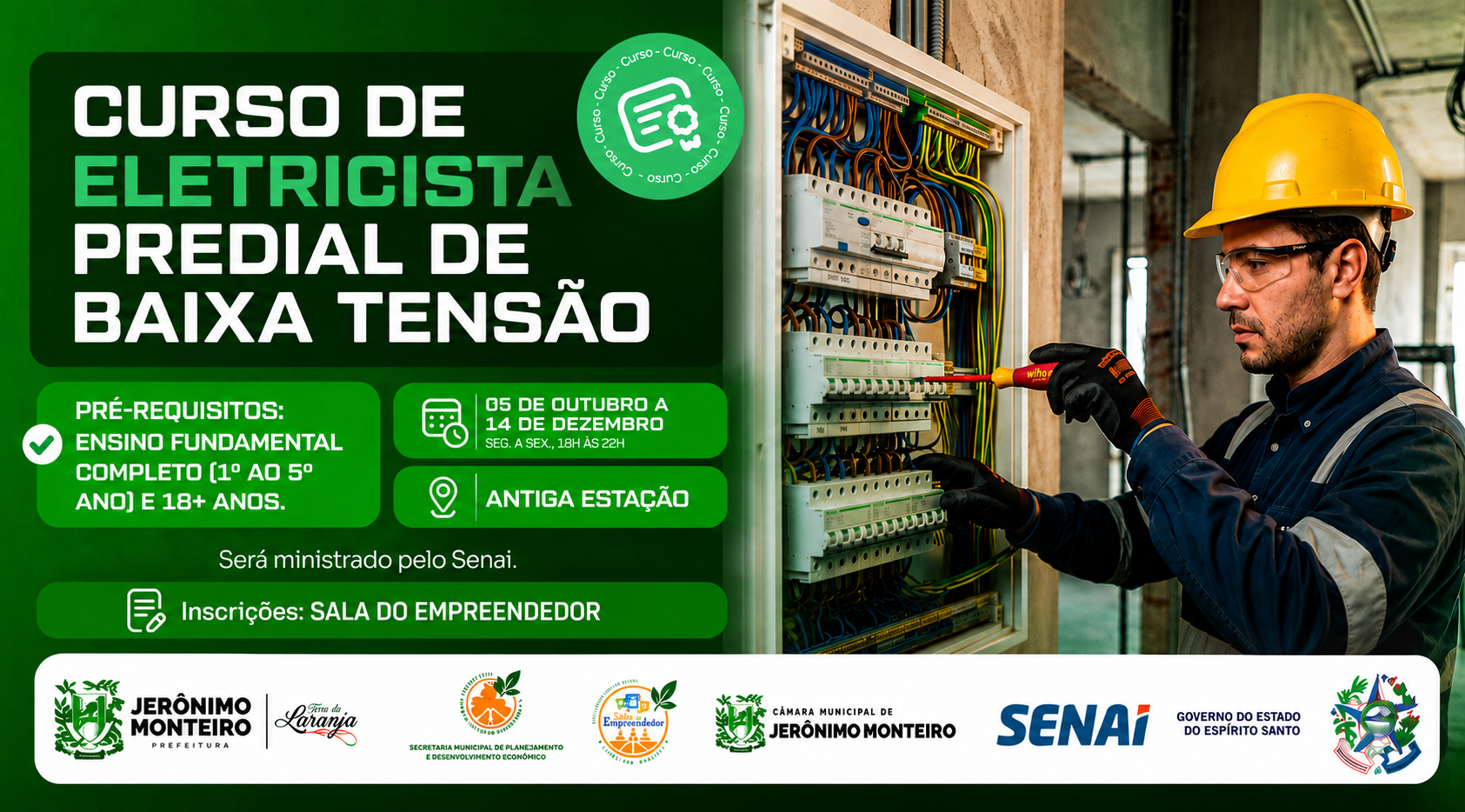 Câmara divulga inscrições para Curso de Eletricista Instalador Predial de Baixa Tensão